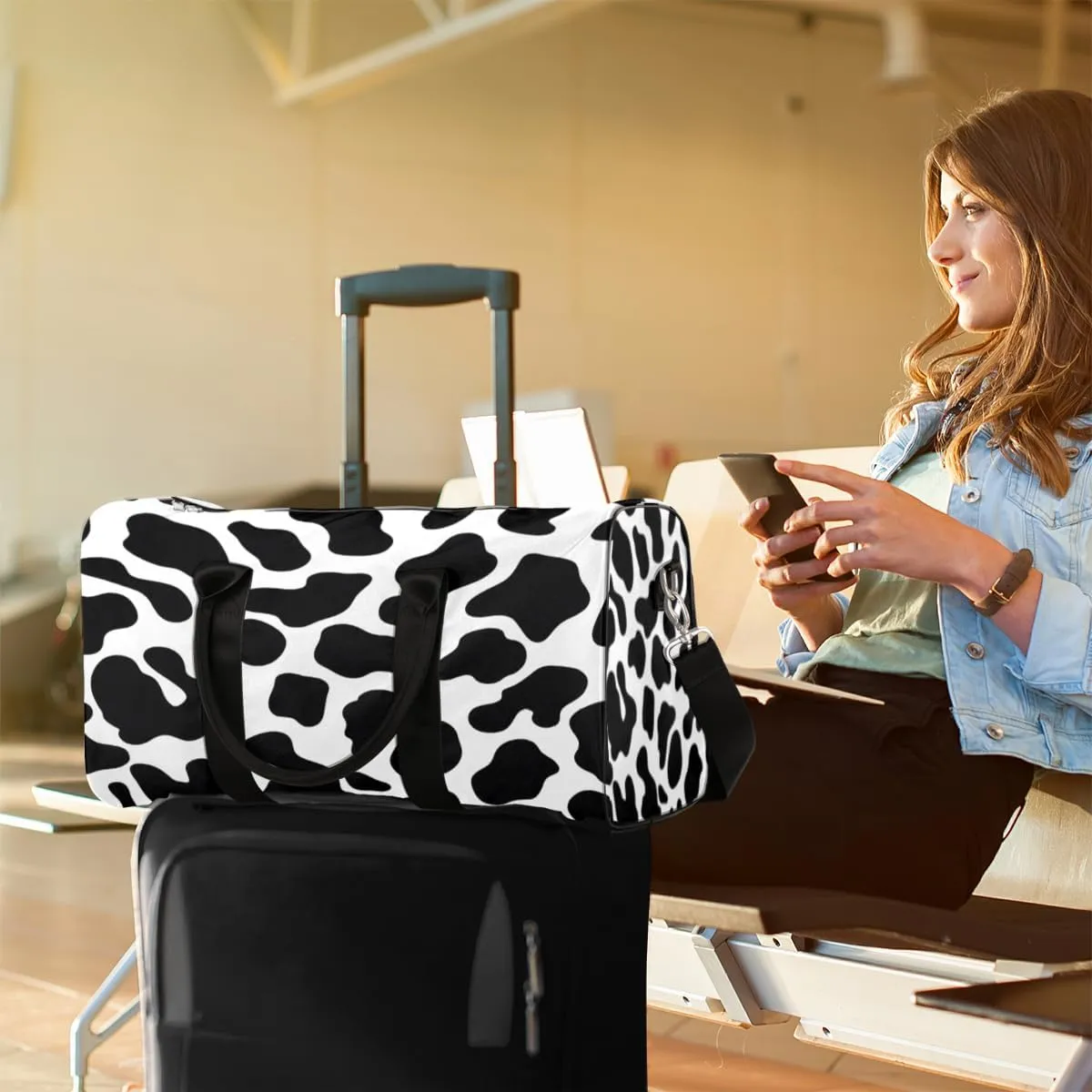 Cow Print Travel Duffle Bag, Sports Gym Bags for Women Men, Carry On Weekender Overnight Bag, Black Cow Print Workout Hospital Airplane Trips Bag