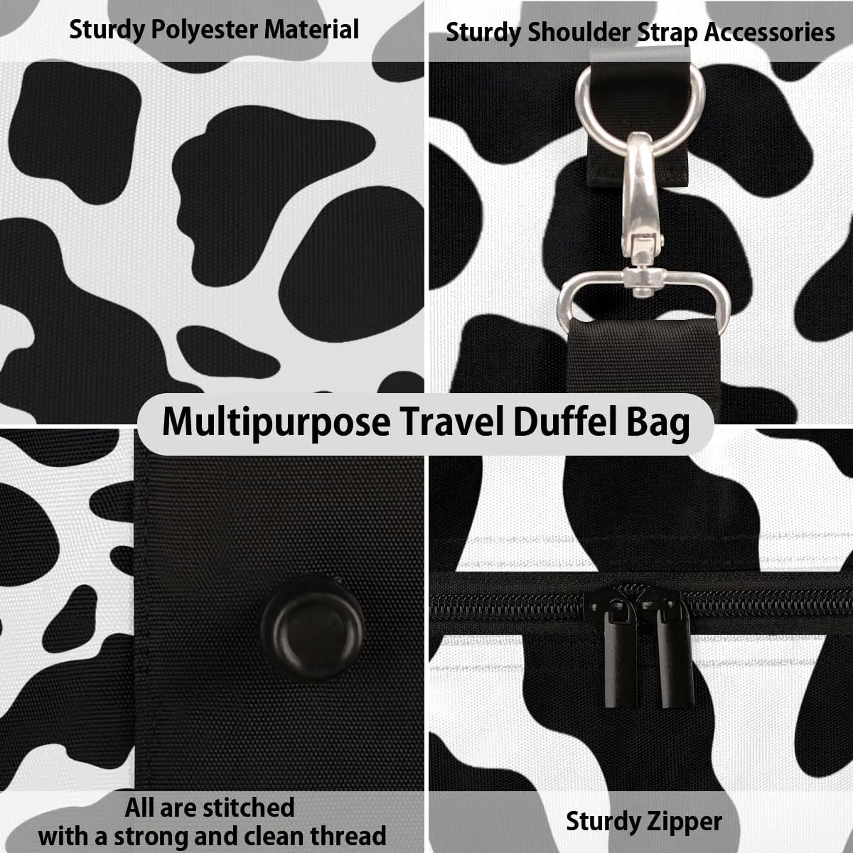 Cow Print Travel Duffle Bag, Sports Gym Bags for Women Men, Carry On Weekender Overnight Bag, Black Cow Print Workout Hospital Airplane Trips Bag