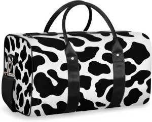 Cow Print Travel Duffle Bag, Sports Gym Bags for Women Men, Carry On Weekender Overnight Bag, Black Cow Print Workout Hospital Airplane Trips Bag