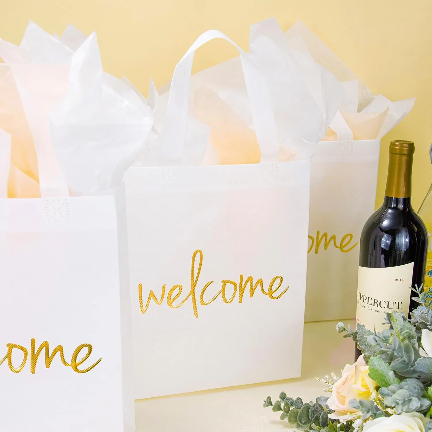 Crisky Reusable White Gold Welcome Gift Bags for Wedding Birthday Parties, 25 Counts Medium Size Eco-Friendly Non-Woven for Guests, 11 x4 x9 Inches