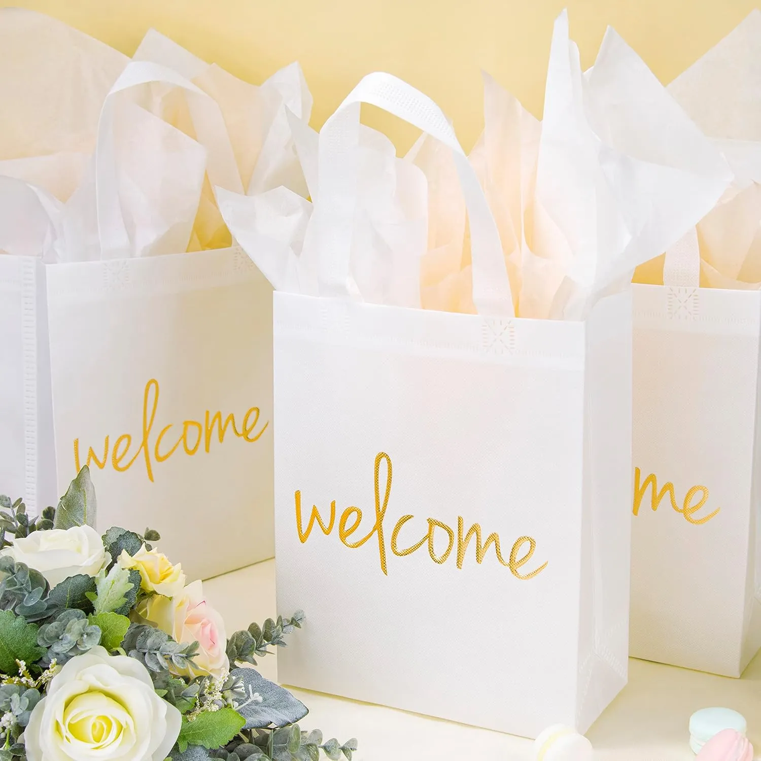 Crisky Reusable White Gold Welcome Gift Bags for Wedding Birthday Parties, 25 Counts Medium Size Eco-Friendly Non-Woven for Guests, 11 x4 x9 Inches
