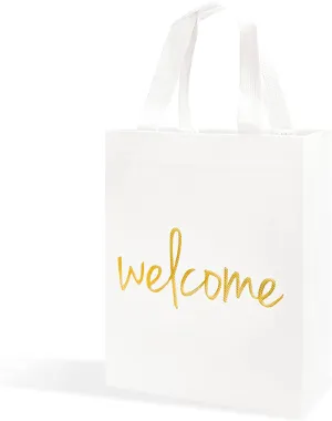 Crisky Reusable White Gold Welcome Gift Bags for Wedding Birthday Parties, 25 Counts Medium Size Eco-Friendly Non-Woven for Guests, 11 x4 x9 Inches