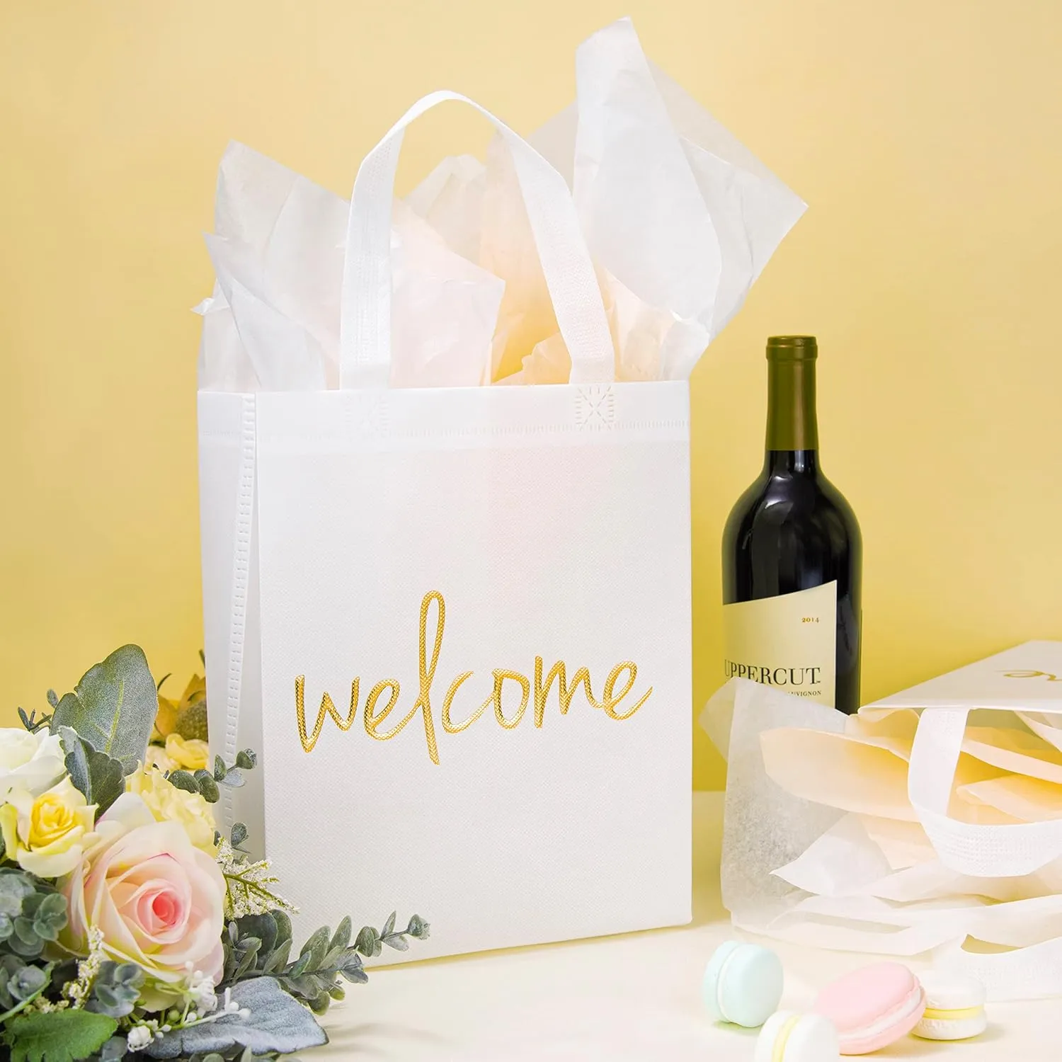 Crisky Reusable White Gold Welcome Gift Bags for Wedding Birthday Parties, 25 Counts Medium Size Eco-Friendly Non-Woven for Guests, 11 x4 x9 Inches