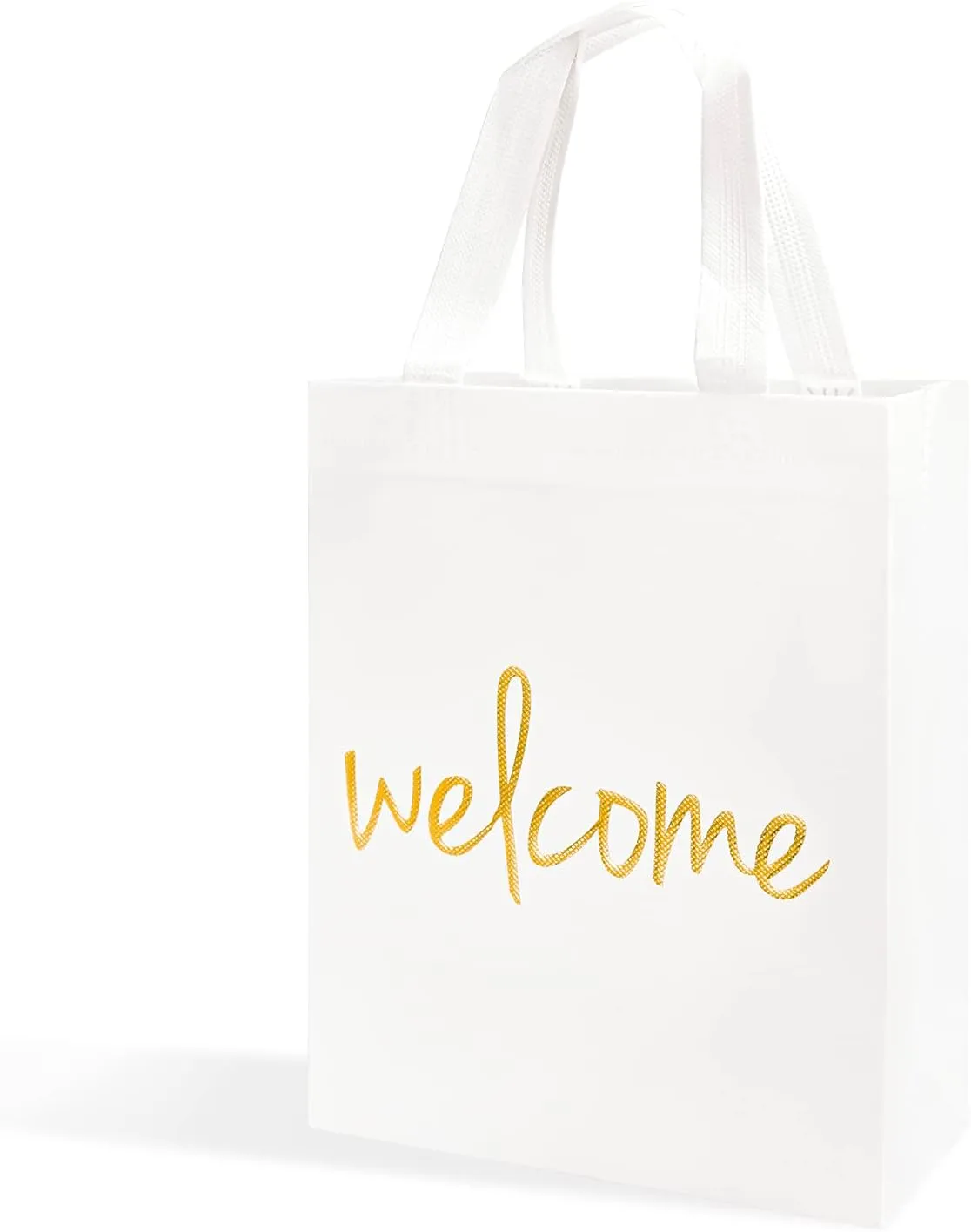 Crisky Reusable White Gold Welcome Gift Bags for Wedding Birthday Parties, 25 Counts Medium Size Eco-Friendly Non-Woven for Guests, 11 x4 x9 Inches