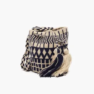 Crochet Crossbody Bucket Bag M - Beige & Navy