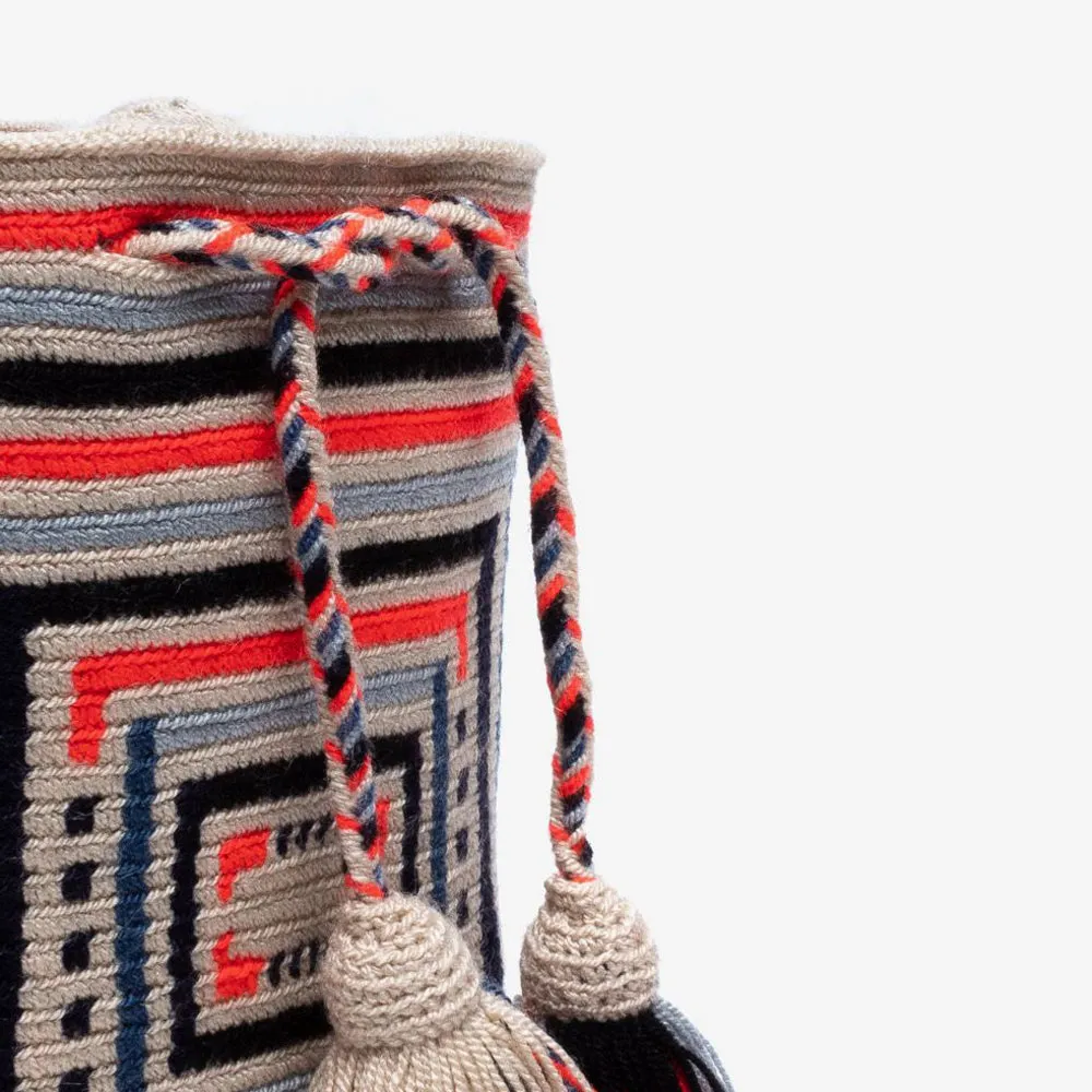 Crochet Crossbody Bucket Bag M - Orange & Navy