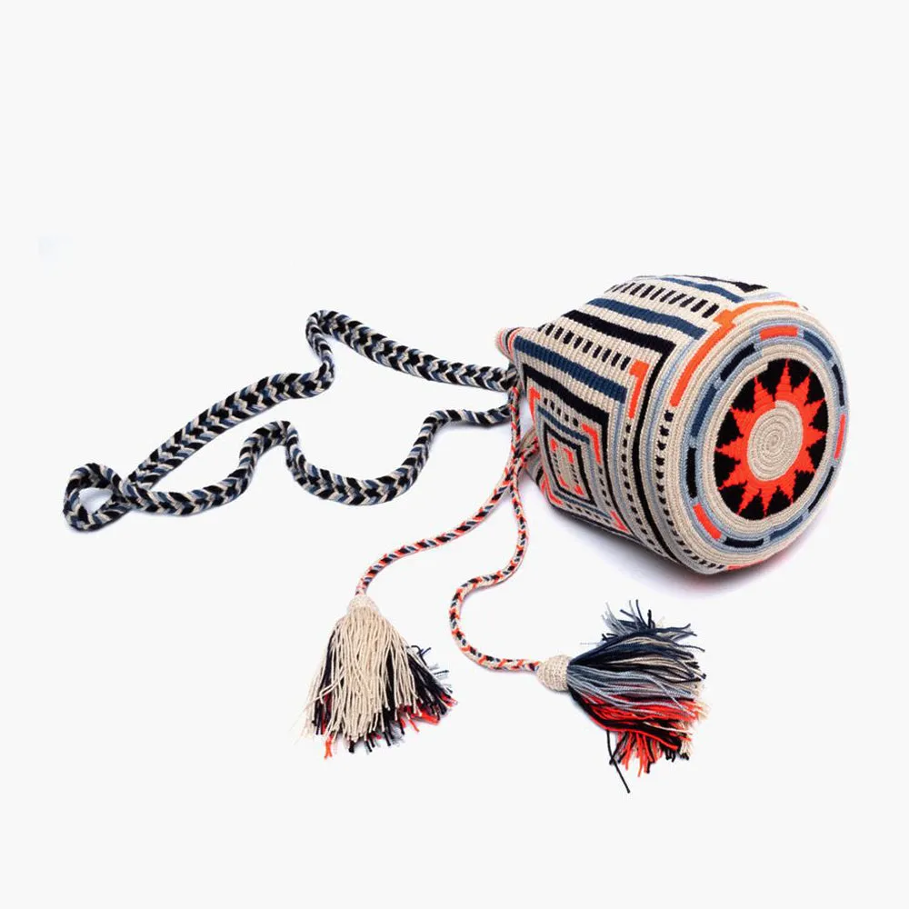 Crochet Crossbody Bucket Bag M - Orange & Navy