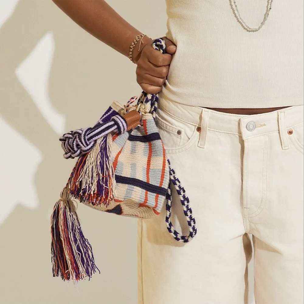 Crochet Crossbody Bucket Bag M with Macrame Handle  - Lilac & Orange