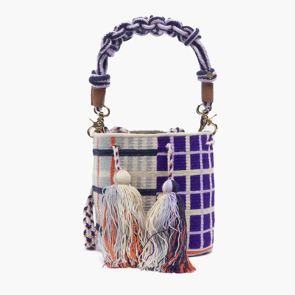 Crochet Crossbody Bucket Bag M with Macrame Handle  - Lilac & Orange