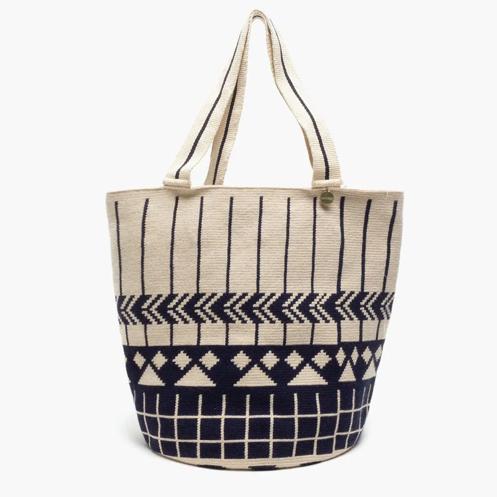 Crochet Tote Bag - Beige & Navy
