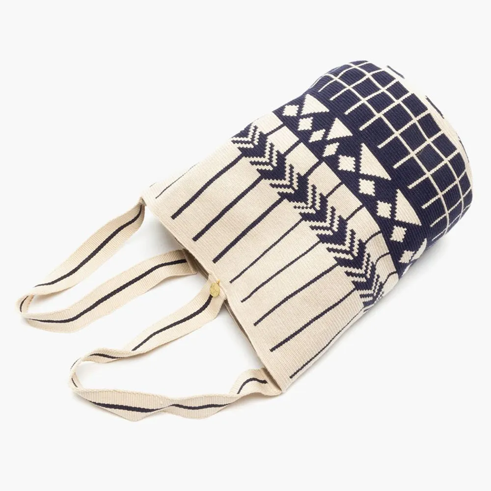 Crochet Tote Bag - Beige & Navy