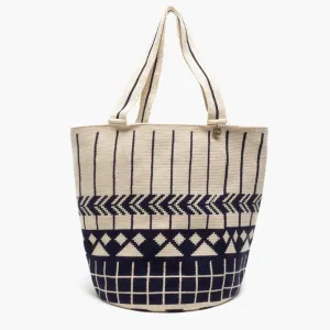 Crochet Tote Bag - Beige & Navy