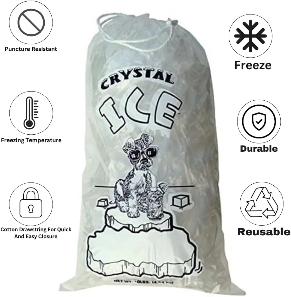 Crystal Clear 10lb Plastic Ice Bags with Cotton Drawstring Reusable Food Grade Heavy Duty Ice Cube Bags Tear Proof Ice Machine Bulk Storage Thickness 1.5 Mil 38Microns, 100-pack