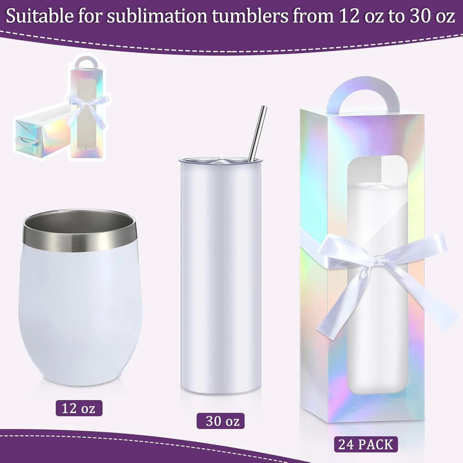 Ctosree 24 Pcs Tumbler Gift Box with Handle for 12oz 16oz 20oz 30oz Clear Wine Glass Gift Box Sublimation Tumblers Heat Press Blanks Bottle for Wrapping Packaging (Laser)