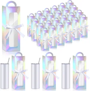 Ctosree 24 Pcs Tumbler Gift Box with Handle for 12oz 16oz 20oz 30oz Clear Wine Glass Gift Box Sublimation Tumblers Heat Press Blanks Bottle for Wrapping Packaging (Laser)