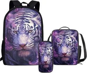 Cumagical Purple Tiger Print Lightweight Backpack Bookbags Outdoor Travel Laptop Daypack 3 Pieces Set With Lunch Bag, Pencil Bag