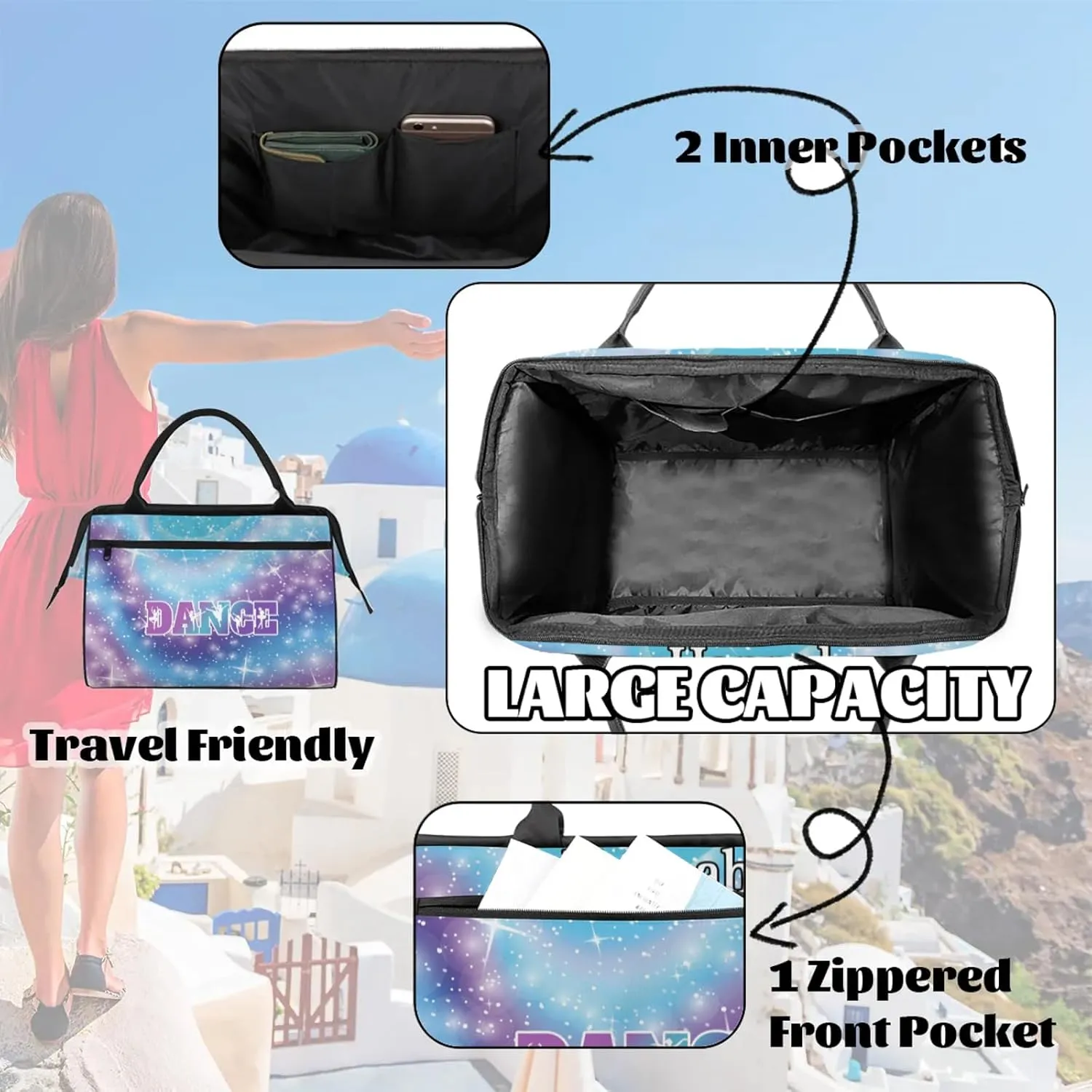 Custom Dance Duffel Bag with Name Personalized Sport Gym Bags Waterproof Customized Travel Duffel Bags Overnight Weekender Carry-On Tote 15.2in, Cosmos Blue