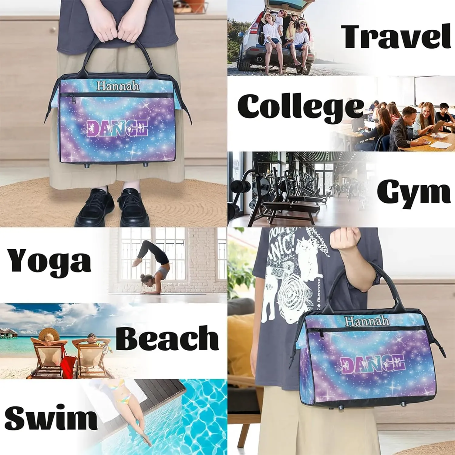 Custom Dance Duffel Bag with Name Personalized Sport Gym Bags Waterproof Customized Travel Duffel Bags Overnight Weekender Carry-On Tote 15.2in, Cosmos Blue