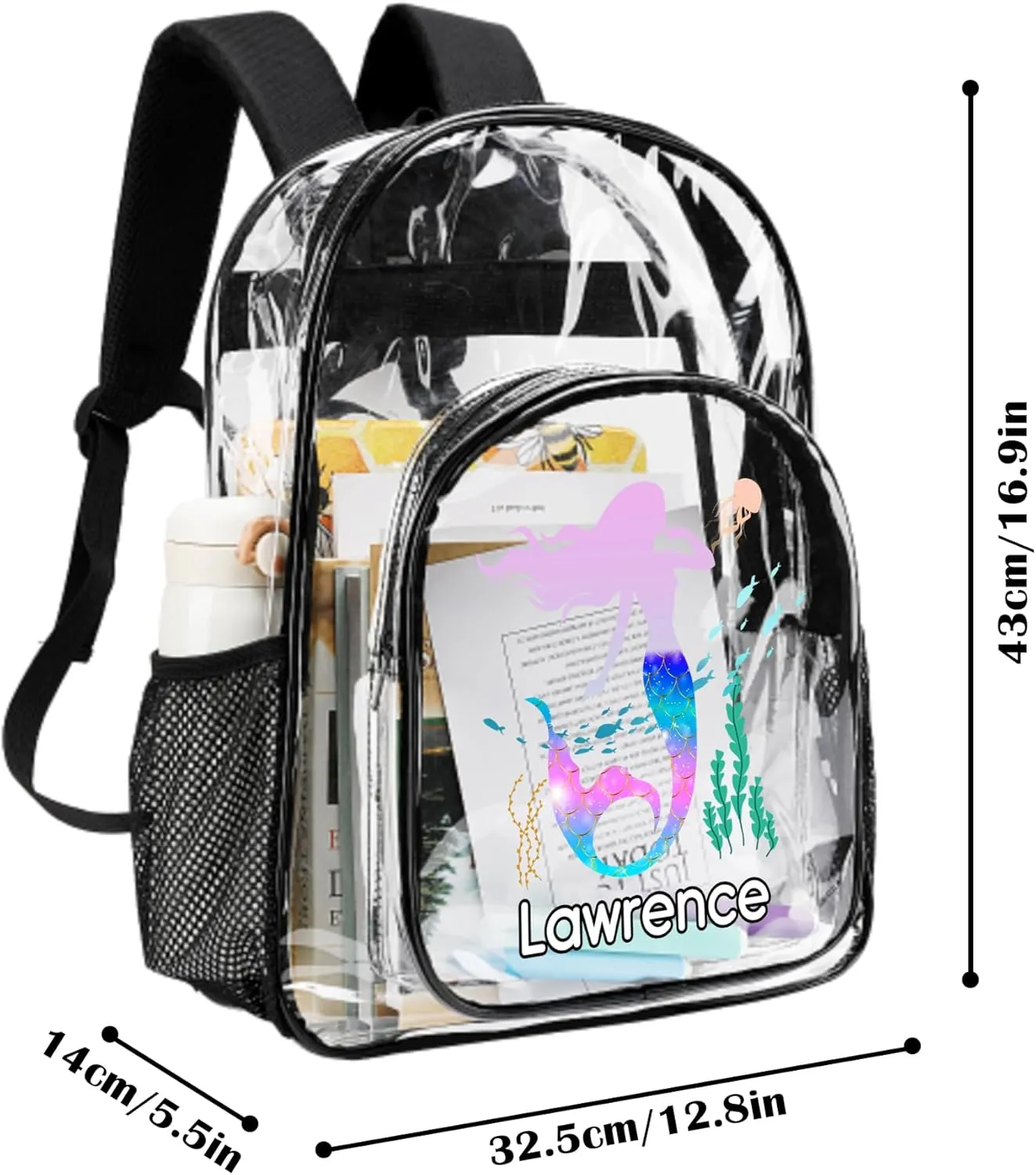 Custom Mermaid Clear Backpack with Name, Personalized Clear Bookbag for Girls, PVC Transparent Waterproof Backpack with Reinforced Strap & Large Capacity, Back to School Gifts for Kids