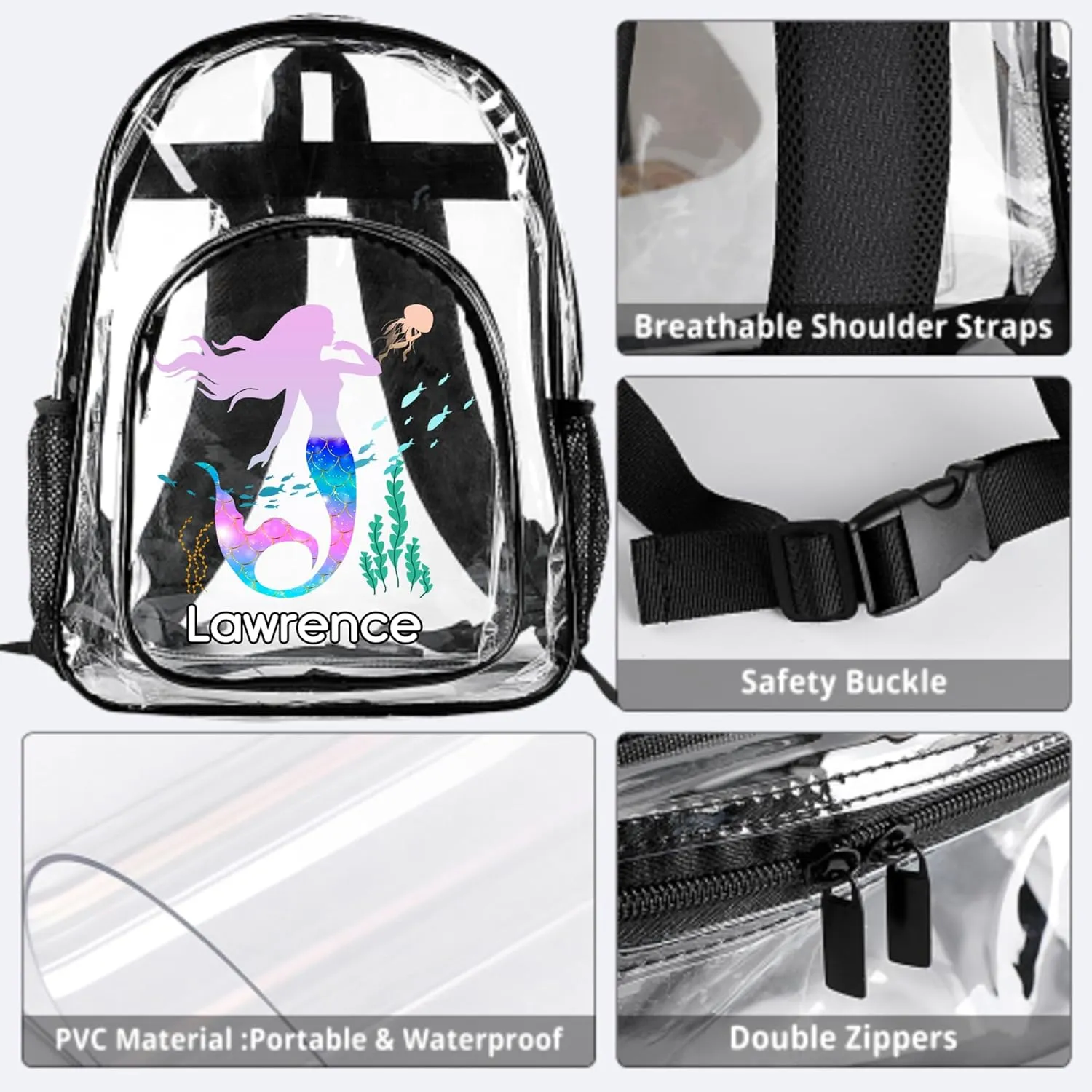Custom Mermaid Clear Backpack with Name, Personalized Clear Bookbag for Girls, PVC Transparent Waterproof Backpack with Reinforced Strap & Large Capacity, Back to School Gifts for Kids