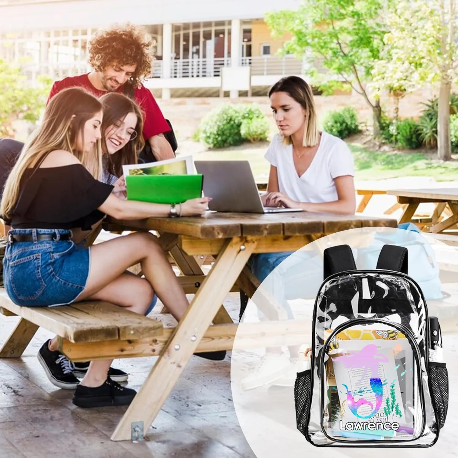 Custom Mermaid Clear Backpack with Name, Personalized Clear Bookbag for Girls, PVC Transparent Waterproof Backpack with Reinforced Strap & Large Capacity, Back to School Gifts for Kids