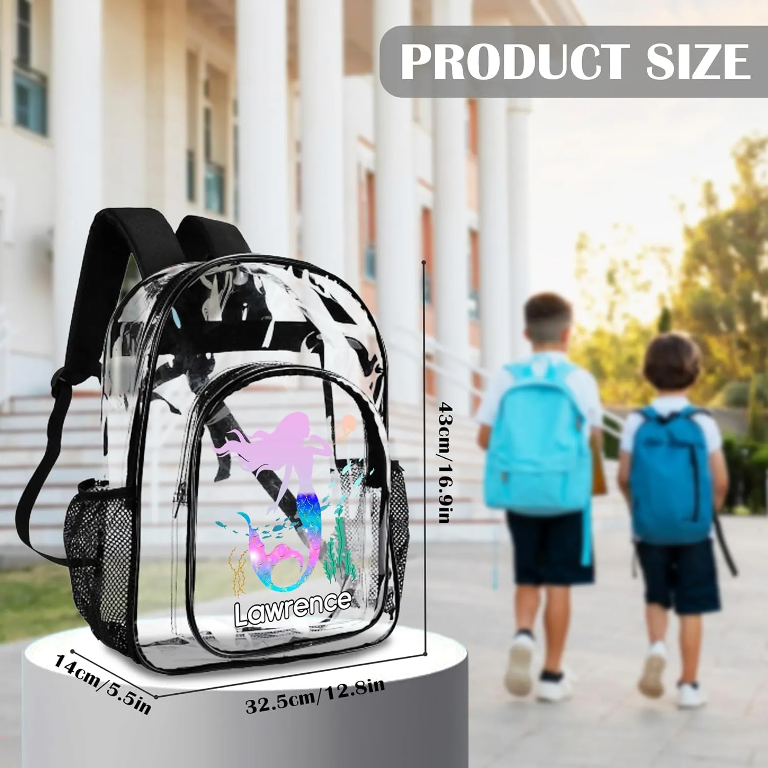 Custom Mermaid Clear Backpack with Name, Personalized Clear Bookbag for Girls, PVC Transparent Waterproof Backpack with Reinforced Strap & Large Capacity, Back to School Gifts for Kids