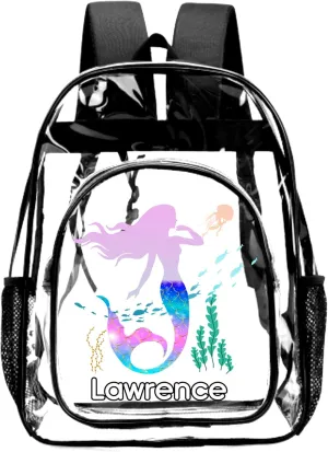 Custom Mermaid Clear Backpack with Name, Personalized Clear Bookbag for Girls, PVC Transparent Waterproof Backpack with Reinforced Strap & Large Capacity, Back to School Gifts for Kids