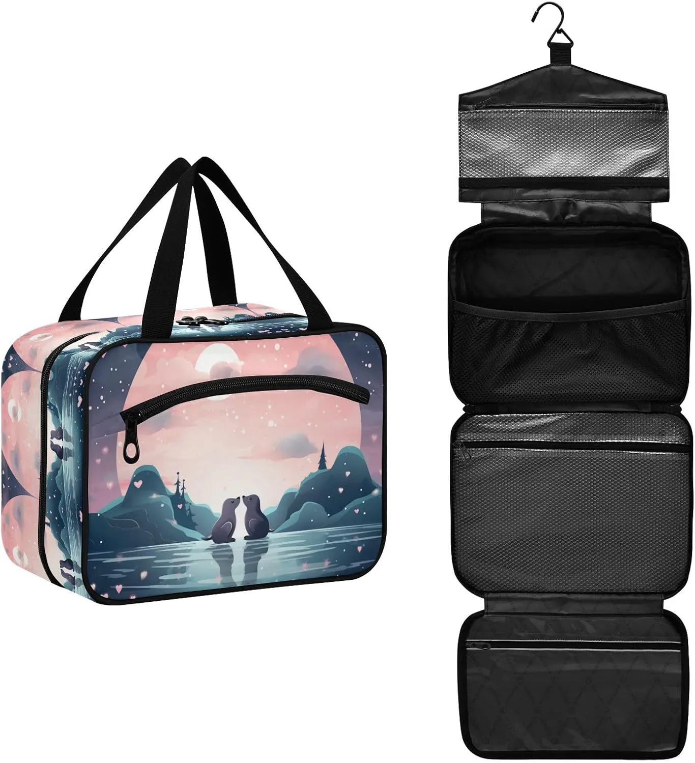 Cute Cartoon Seal Hanging Travel Toiletry Cosmetic Makeup Bag Large Capacity Foldable Storage Wash Bags for Women Girls Bathroom