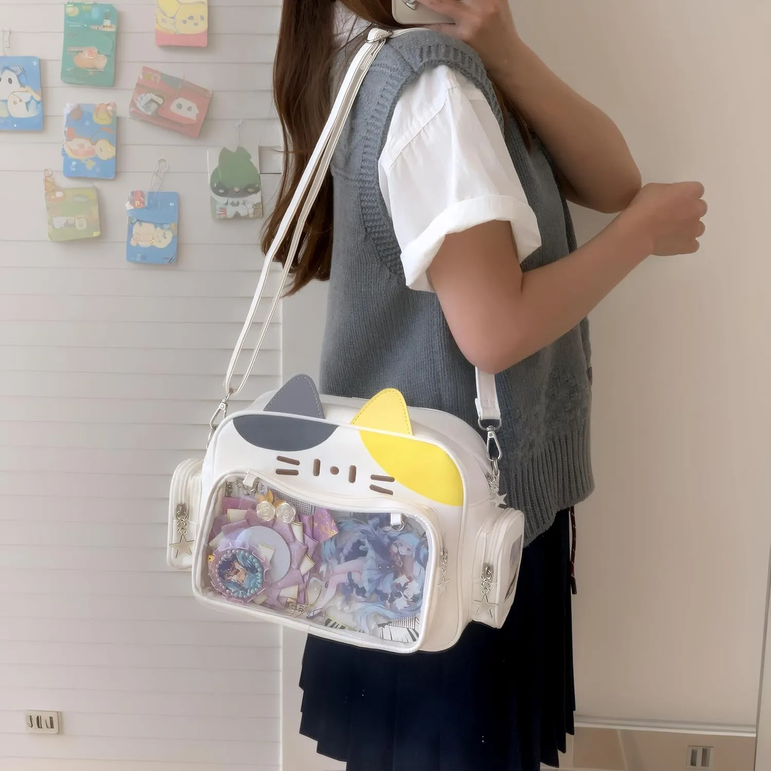 Cute Cat Ita Bag Backpack Crossbody Bag for Girls Kawaii Shoulder Bags Pin Display Backpack with Insert (Yellow)