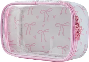 Cute Clear Makeup Bag with Bow Pattern,Transparent Nylon Travel Cosmetic Case with Zipper,Portable Makeup Organizer Pouch for Essentials(01Pink)