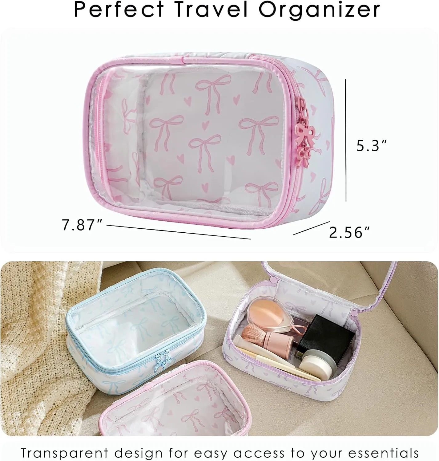 Cute Clear Makeup Bag with Bow Pattern,Transparent Nylon Travel Cosmetic Case with Zipper,Portable Makeup Organizer Pouch for Essentials(01Pink)