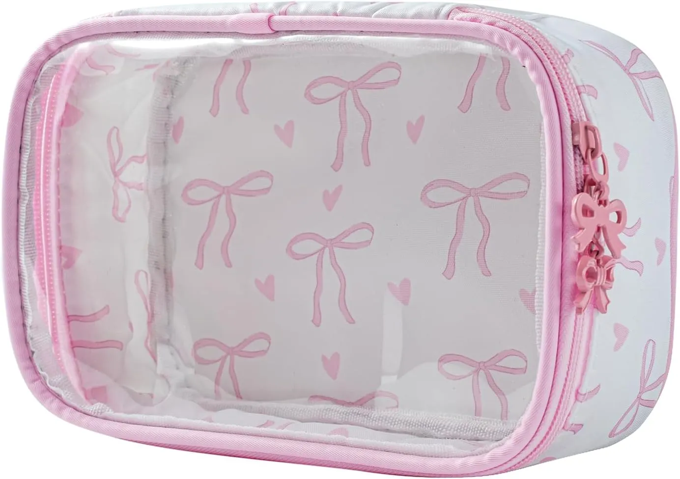 Cute Clear Makeup Bag with Bow Pattern,Transparent Nylon Travel Cosmetic Case with Zipper,Portable Makeup Organizer Pouch for Essentials(01Pink)