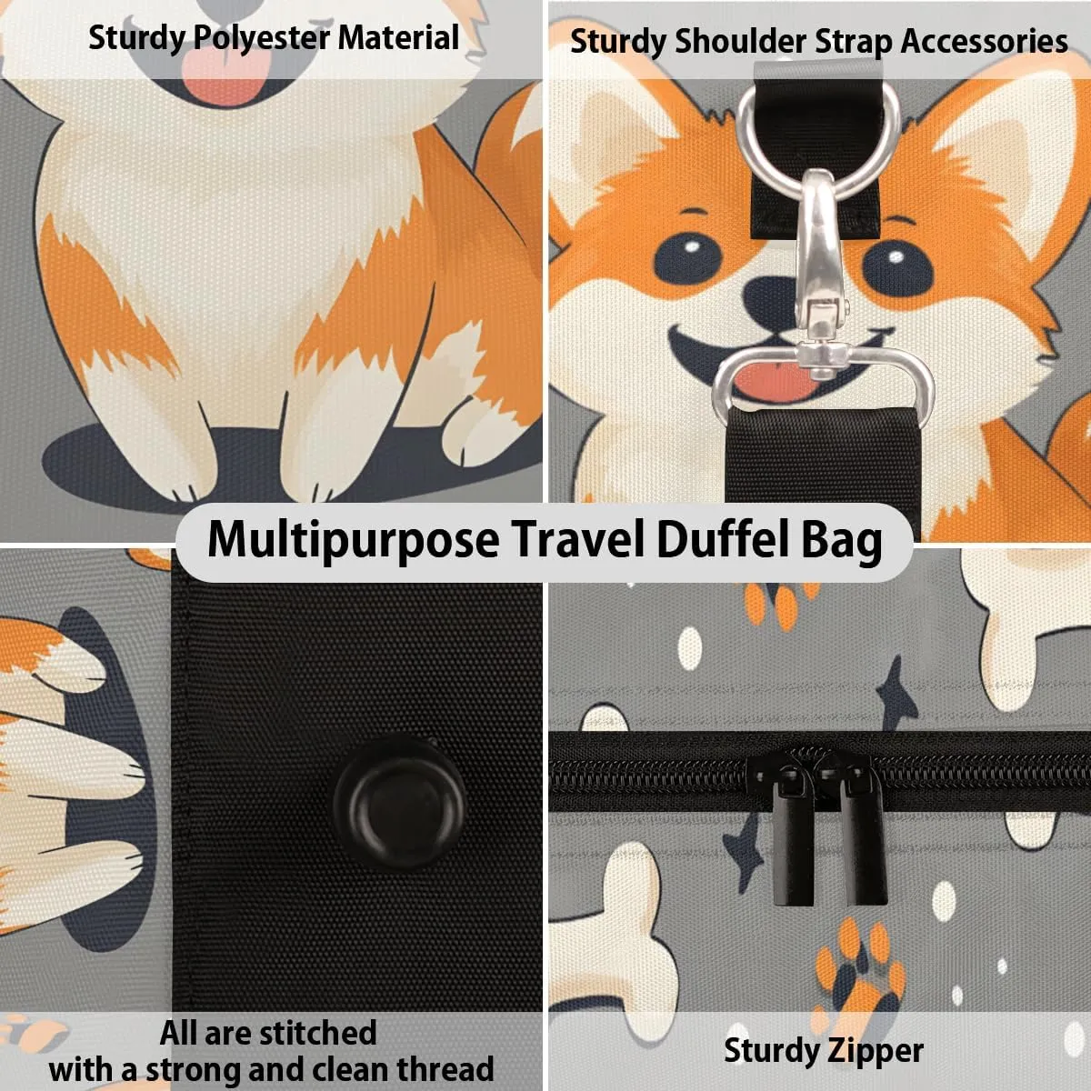 Cute Corgi Travel Duffle Bag for Women Men Gym Duffel Foldable Bag Waterproof Weekender Print Bones Duffle Tote