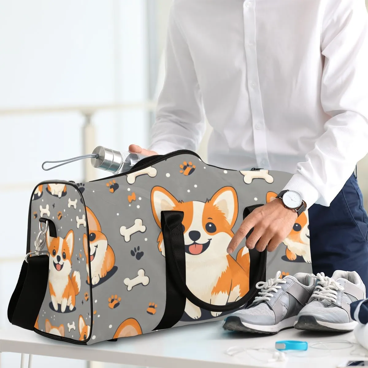 Cute Corgi Travel Duffle Bag for Women Men Gym Duffel Foldable Bag Waterproof Weekender Print Bones Duffle Tote