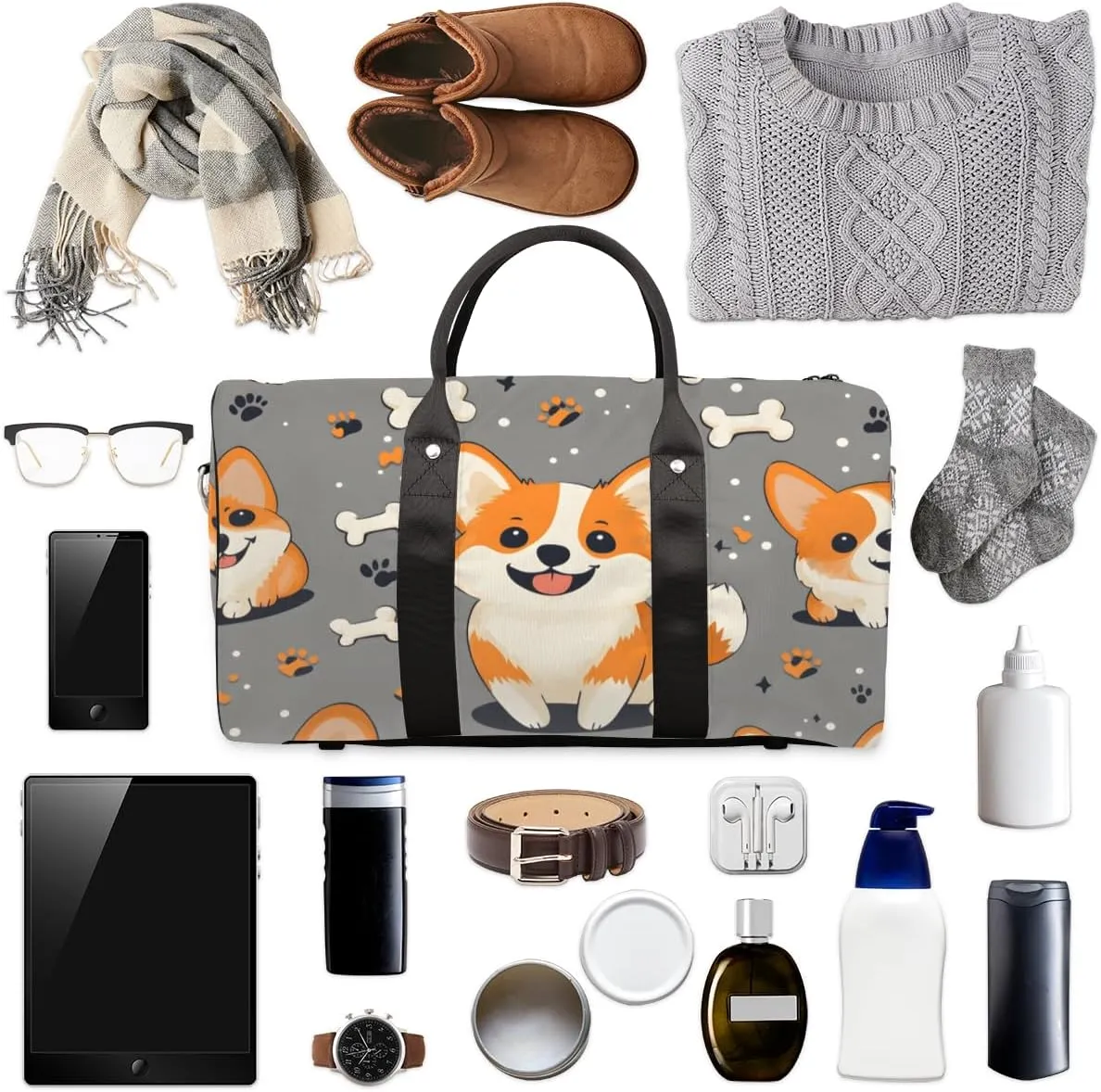 Cute Corgi Travel Duffle Bag for Women Men Gym Duffel Foldable Bag Waterproof Weekender Print Bones Duffle Tote