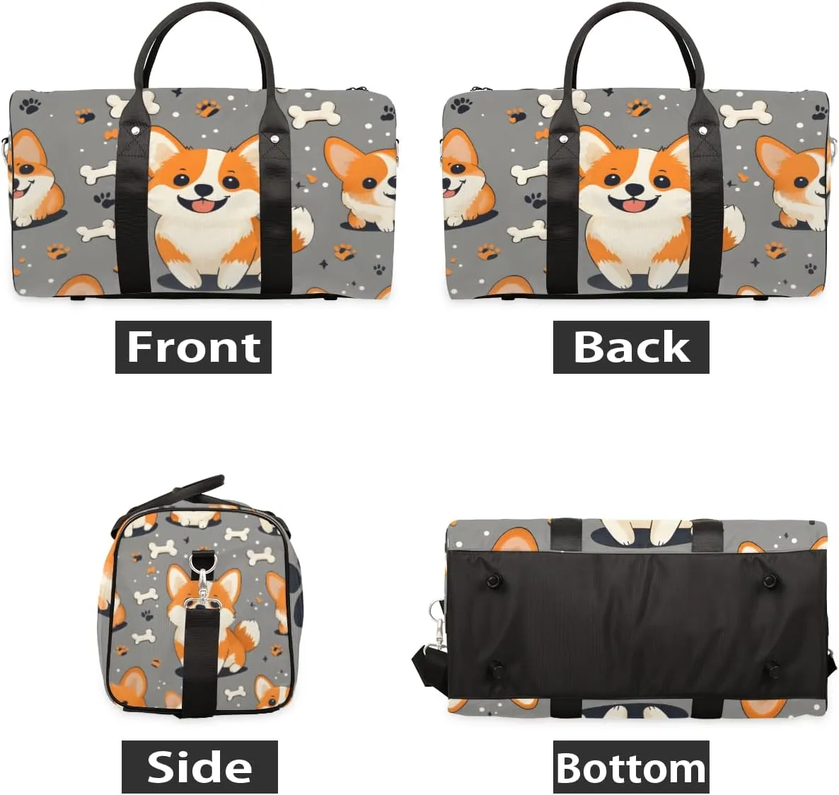 Cute Corgi Travel Duffle Bag for Women Men Gym Duffel Foldable Bag Waterproof Weekender Print Bones Duffle Tote