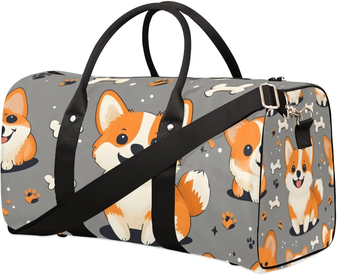 Cute Corgi Travel Duffle Bag for Women Men Gym Duffel Foldable Bag Waterproof Weekender Print Bones Duffle Tote