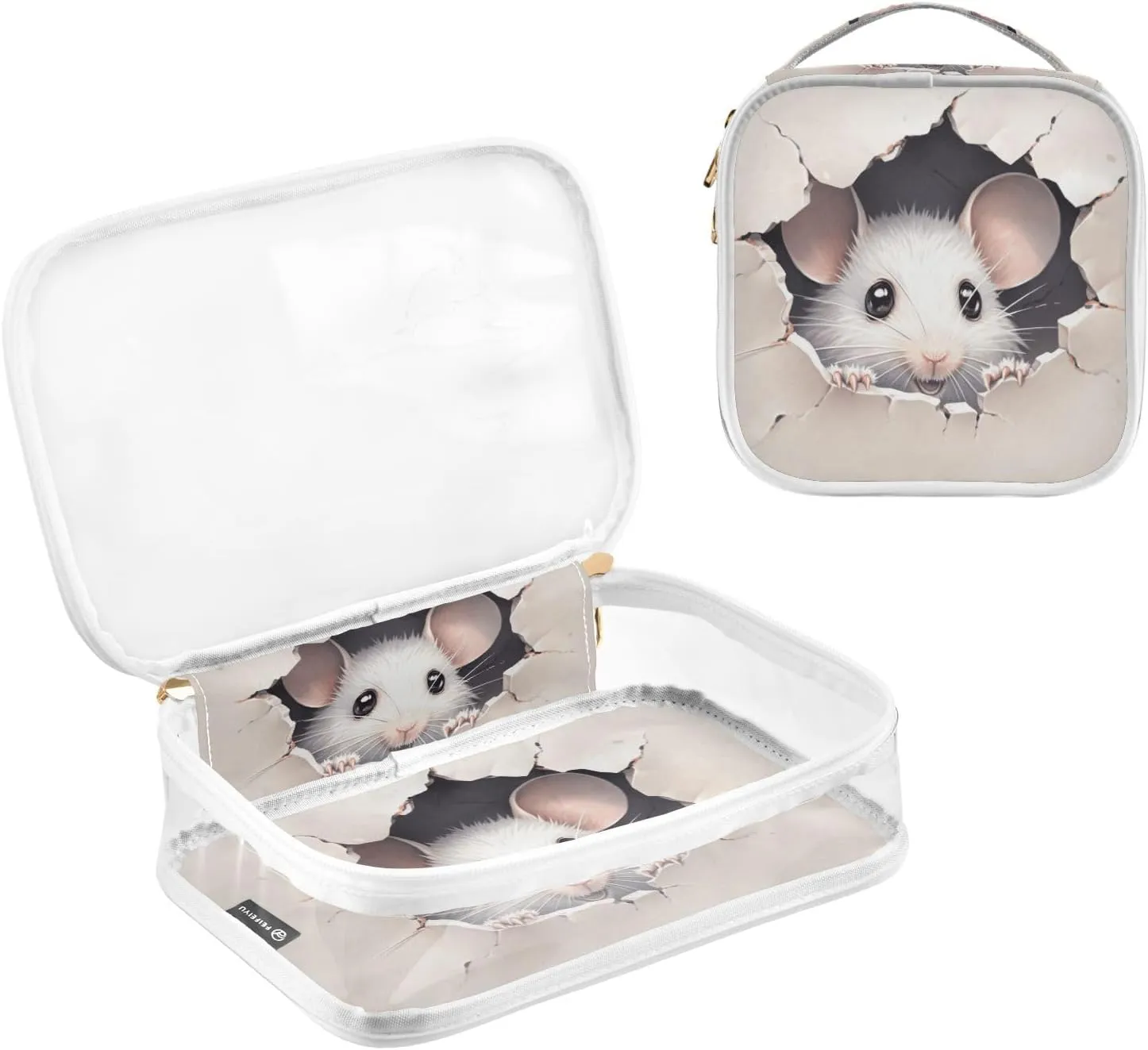 Cute Mouse Broken Wall Toiletry Bags Set Clear, Clear Toiletries Bag for Travel, Makeup Bag for Girls, 2 Pack
