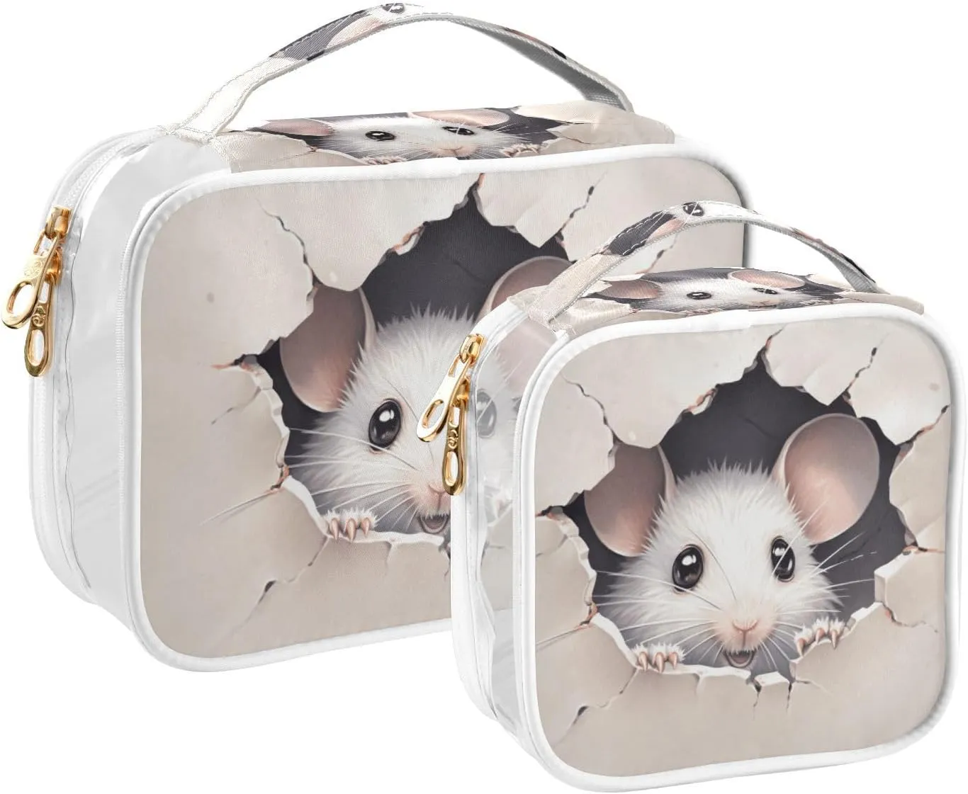 Cute Mouse Broken Wall Toiletry Bags Set Clear, Clear Toiletries Bag for Travel, Makeup Bag for Girls, 2 Pack