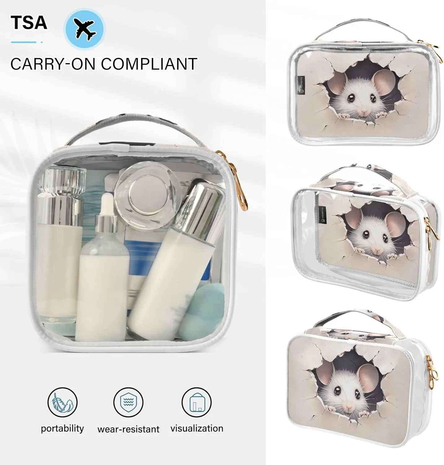 Cute Mouse Broken Wall Toiletry Bags Set Clear, Clear Toiletries Bag for Travel, Makeup Bag for Girls, 2 Pack