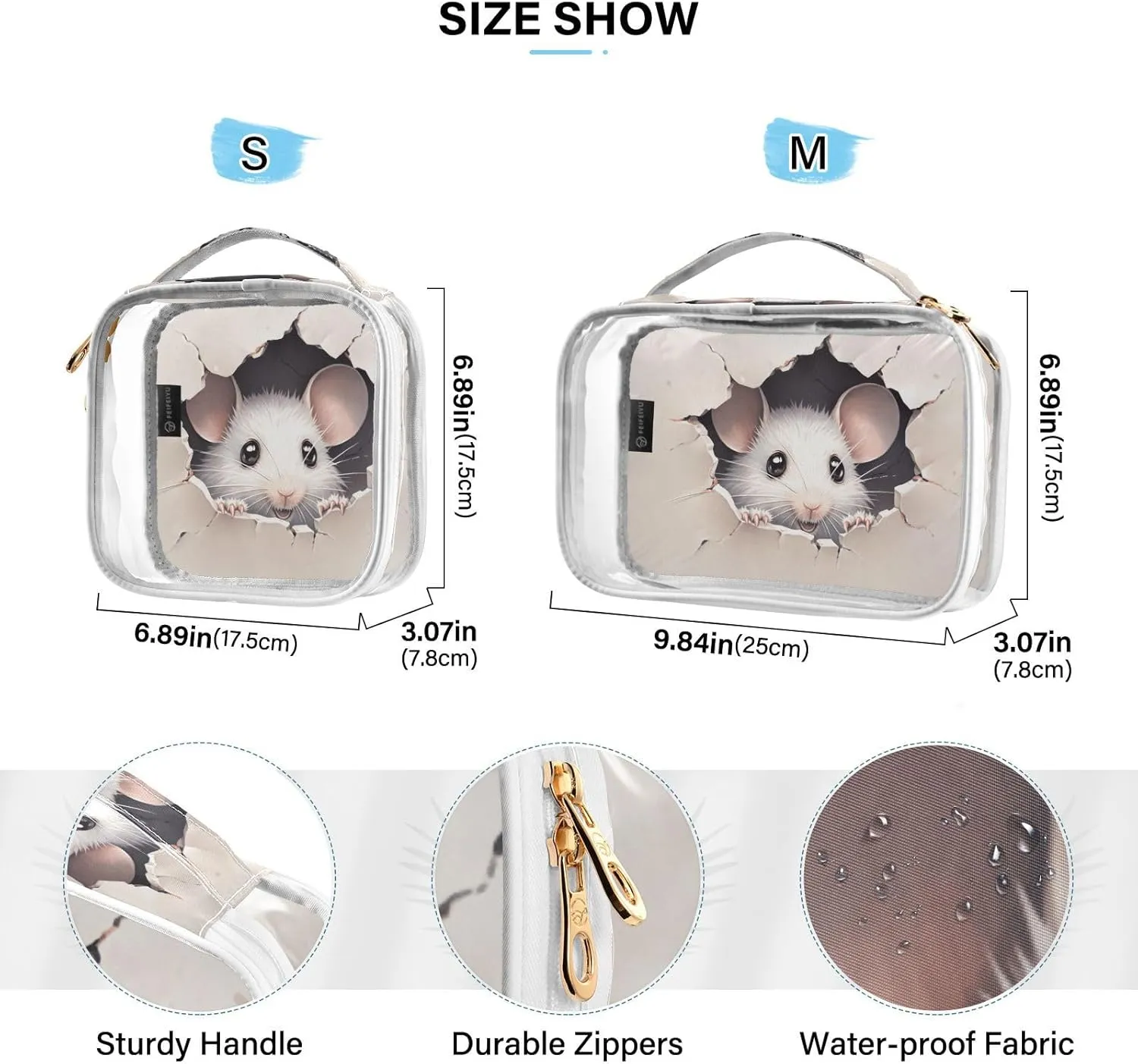 Cute Mouse Broken Wall Toiletry Bags Set Clear, Clear Toiletries Bag for Travel, Makeup Bag for Girls, 2 Pack