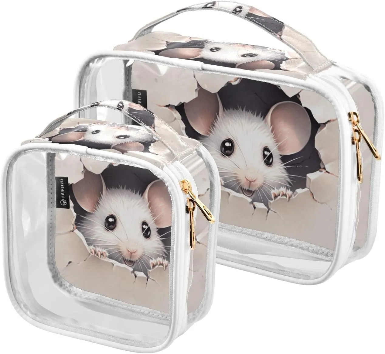Cute Mouse Broken Wall Toiletry Bags Set Clear, Clear Toiletries Bag for Travel, Makeup Bag for Girls, 2 Pack