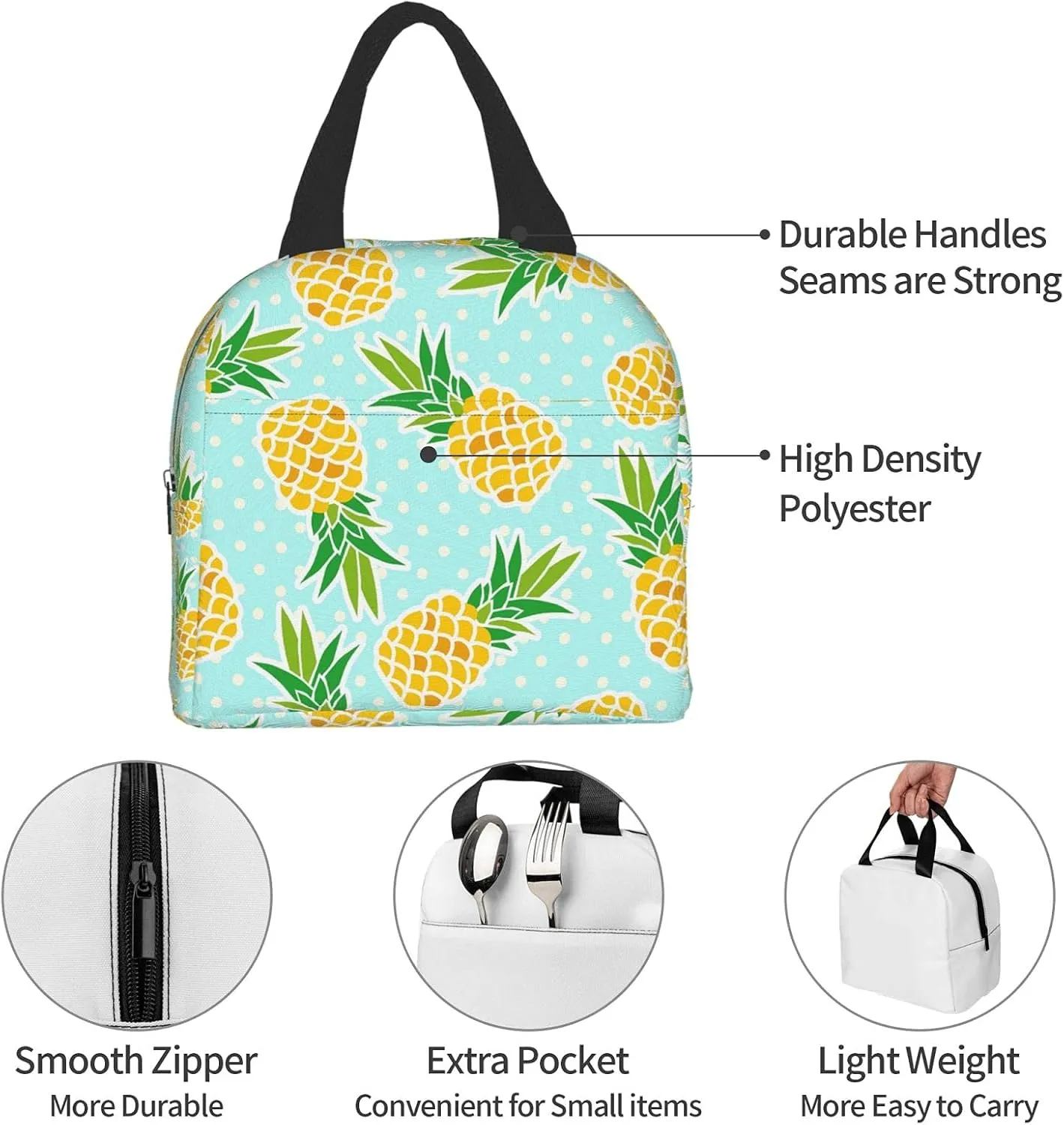 Cute Pineapples Lunch Bag Compact Tote Bag Reusable Lunch Box Container For Women Men School Office Work
