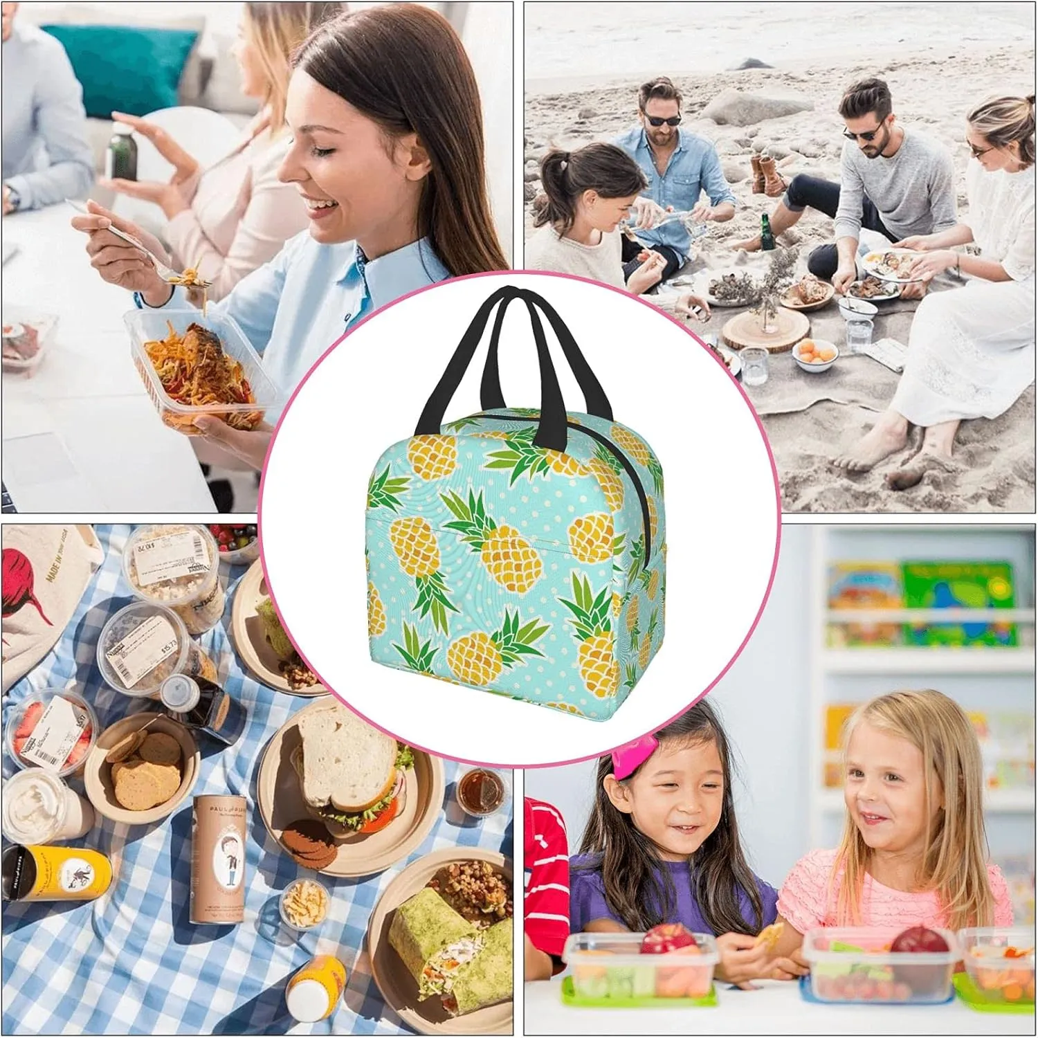 Cute Pineapples Lunch Bag Compact Tote Bag Reusable Lunch Box Container For Women Men School Office Work