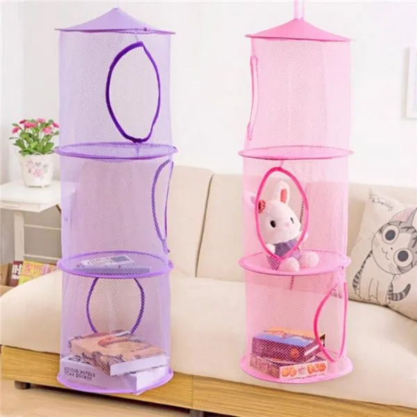 Cylindrical 3-Layer Hanging Storage Net Organizer Bag for Wall Door Closet Green
