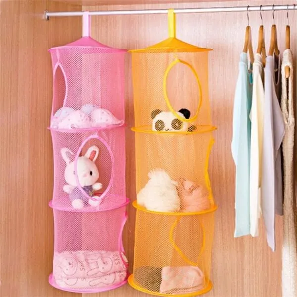 Cylindrical 3-Layer Hanging Storage Net Organizer Bag for Wall Door Closet Green