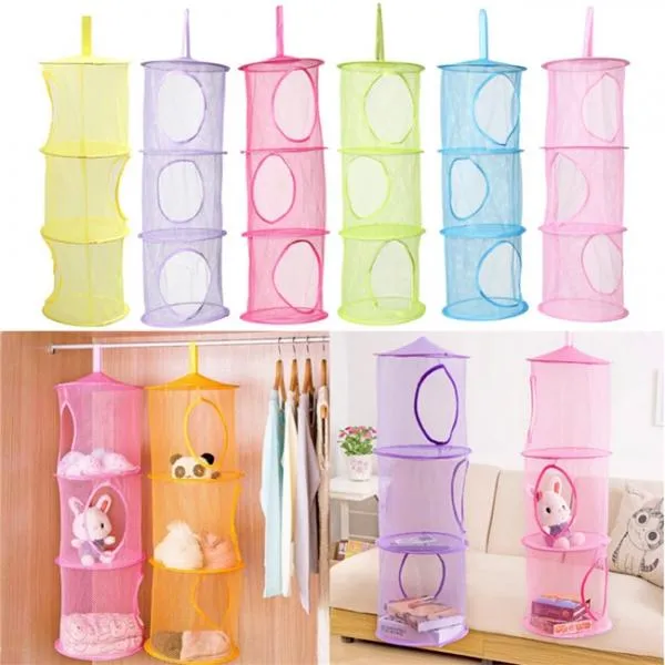 Cylindrical 3-Layer Hanging Storage Net Organizer Bag for Wall Door Closet Green