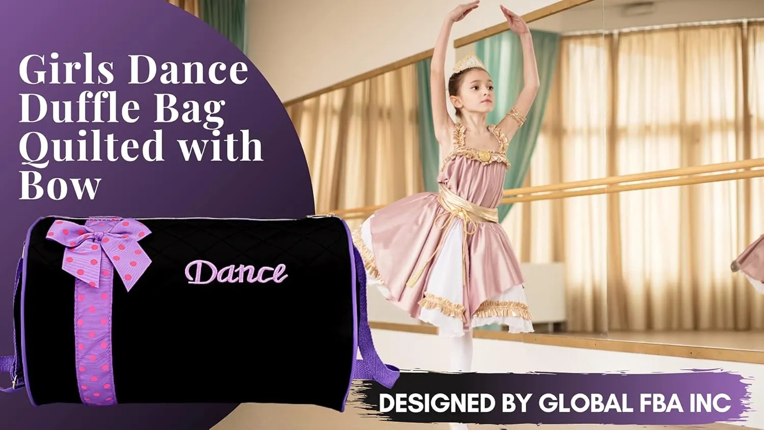 Dance Duffle Bag for Girls, Kids Travel Bag with Adjustable Carry On and Handy Pouch, Dance Accessories For Girls (Black/Lavender)
