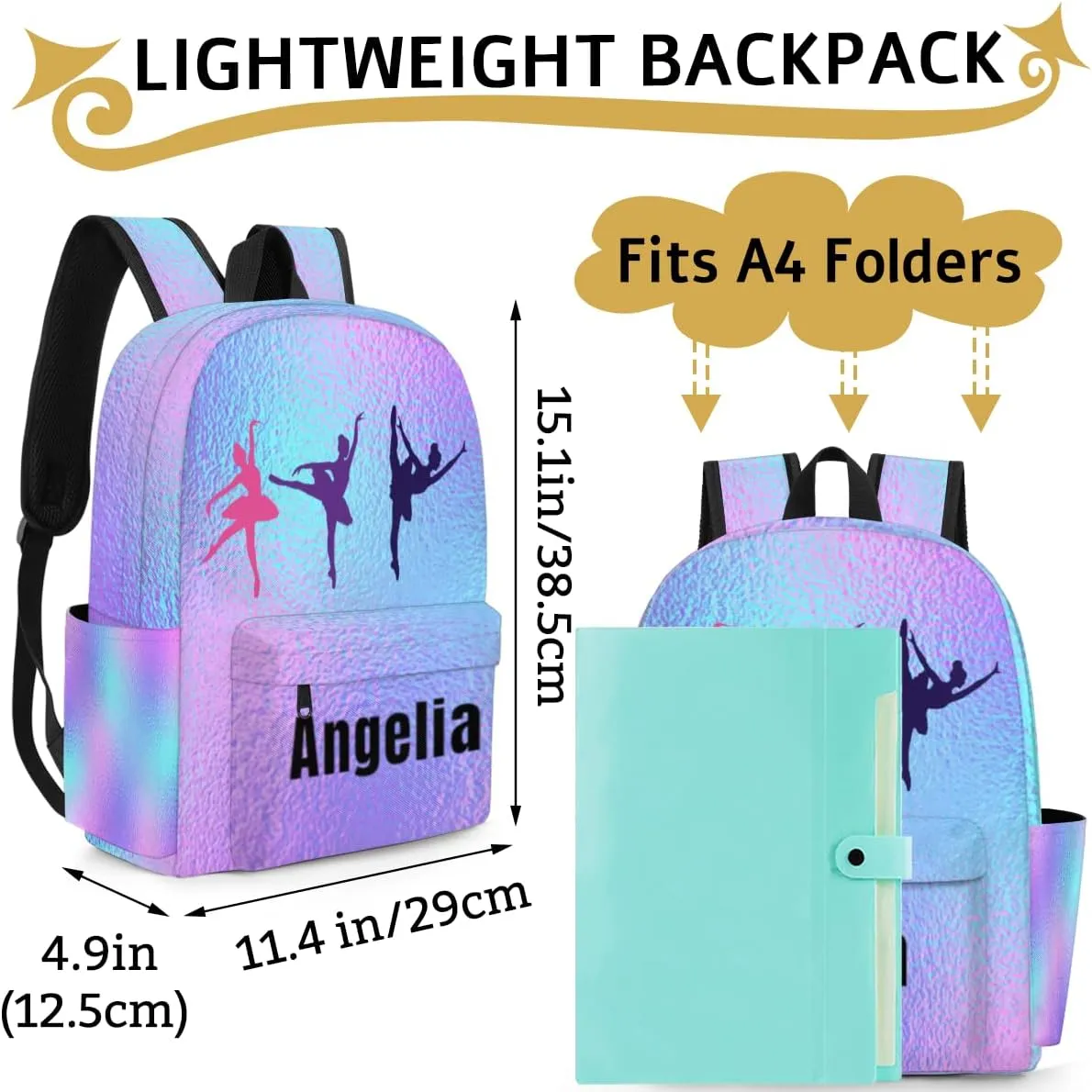 Dance Rainbow Foil Customized Kids Backpack for Girls Personalized Preschool Toddler Backpack Kindergarten Nursery Bookbag Travel Children School Bag