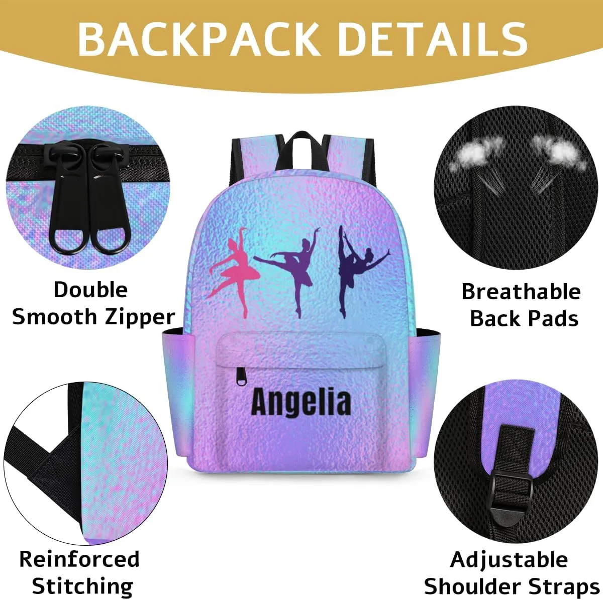 Dance Rainbow Foil Customized Kids Backpack for Girls Personalized Preschool Toddler Backpack Kindergarten Nursery Bookbag Travel Children School Bag